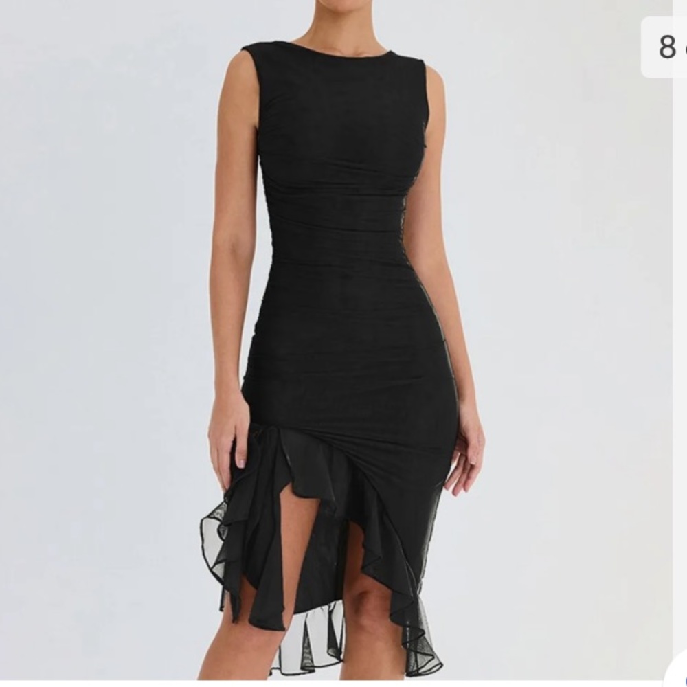 BLACK ASYMMETRICAL RUFFLE HEM RUCHED DRESS - Picture 2 of 13
